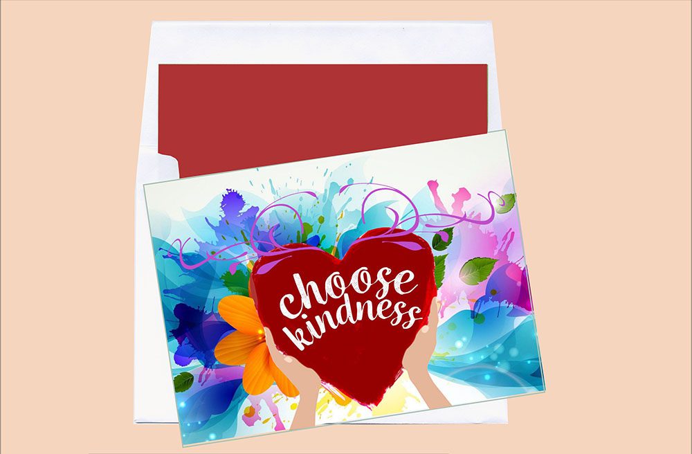 A choose kindness card with a heart on it, with orange background